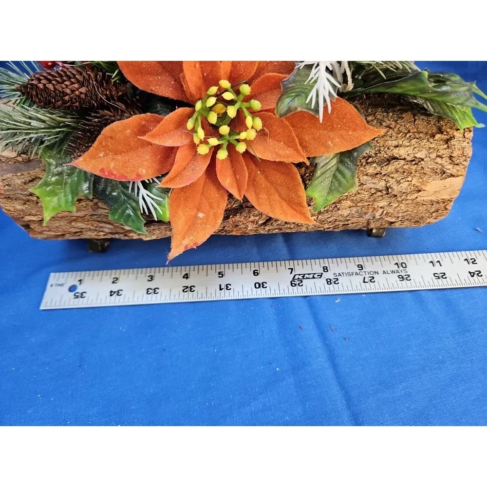 Christmas Reindeer Yule Tide Log Centerpiece Flocked Plastic Poinsettia 10